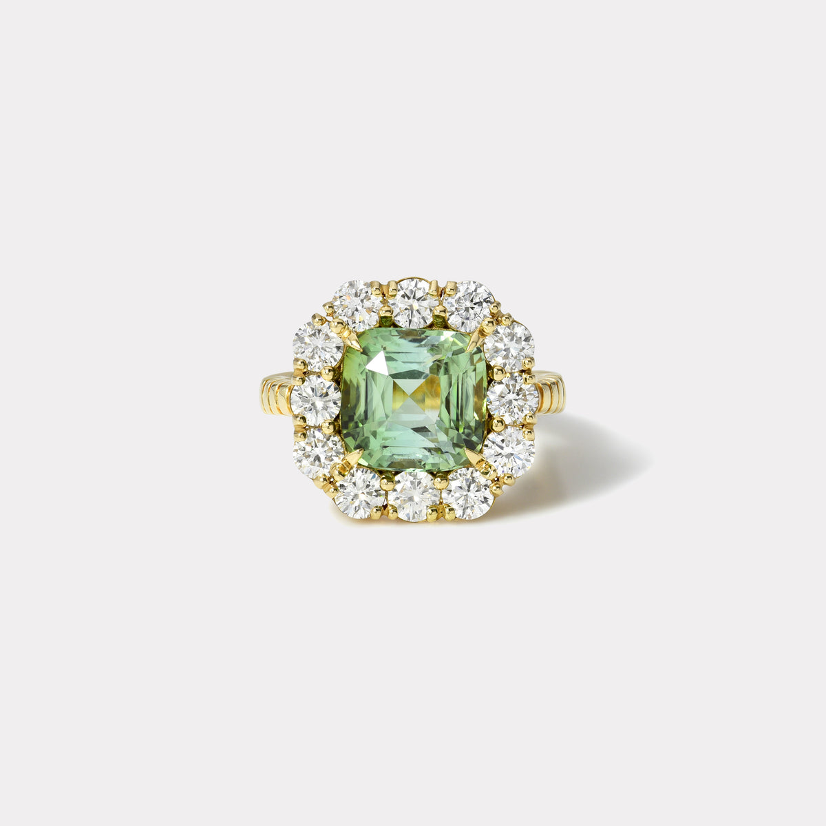 One of a kind 4.55ct Cushion Green Tourmaline Diamond Heirloom Bezel R ...