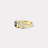 .59ct Round Diamond and 1.02ct Emerald Cut Sapphire Double Stone Heirloom Bezel Ring