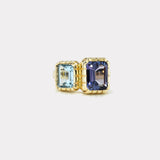 1.34ct Emerald Cut Aquamarine and 3.30ct Emerald Cut Tanzanite Double Stone Heirloom Bezel Ring