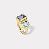 1.34ct Emerald Cut Aquamarine and 3.30ct Emerald Cut Tanzanite Double Stone Heirloom Bezel Ring