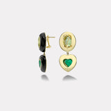 9.4ct Oval Green Tourmaline and 6.37 Heart Emeralds in Black Jade Lollipop Earrings